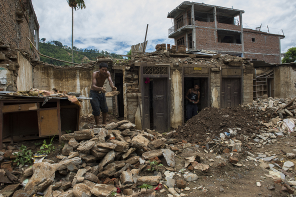 Nepal, Gorkha District, Arughat, Gorkha. Damaged buildings from the earthquake.